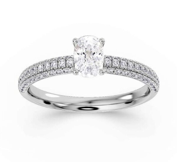 Elongated Cushion Solitaire Ring with Triple Row Diamond Shoulders