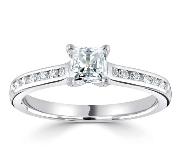 Classic Princess Solitaire Ring with Round Channel-Set Diamond Shoulders - R1-2240