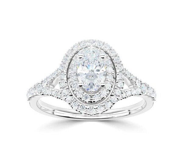 Oval Double Halo Ring with Diamond Set Split Shoulders - RC2061