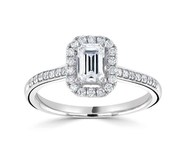 Classic Emerald Halo Ring with Diamond Set Shoulders - RC2018B