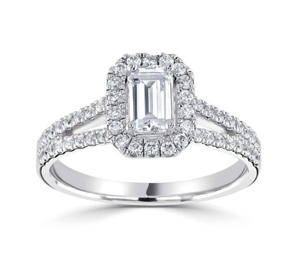 Classic Emerald Halo Ring with Diamond Set Split Shoulders - RC2027