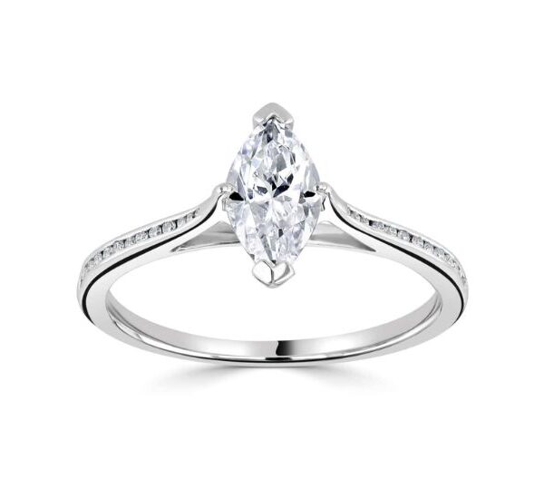 Classic Marquise Solitaire Ring with Channel Set Diamond Shoulders - R1-1283