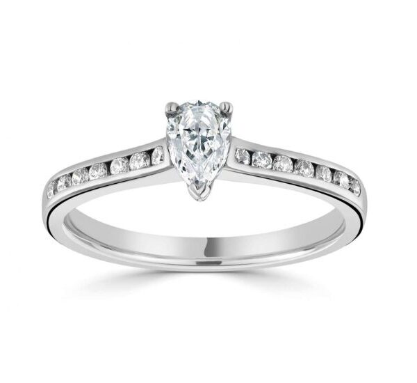 Classic Pear Solitaire Ring with Channel Set Diamond Shoulders - R1-1233