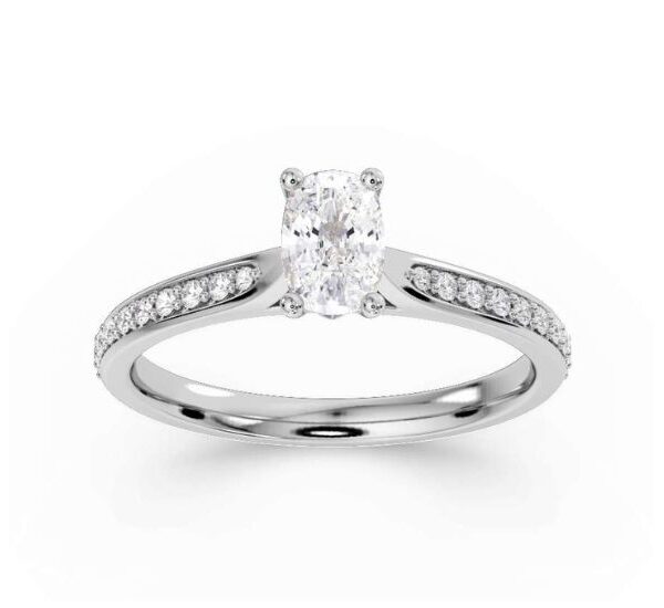 Elongated Cushion Solitaire Ring with Diamond Grain Set Shoulders - R1-2487