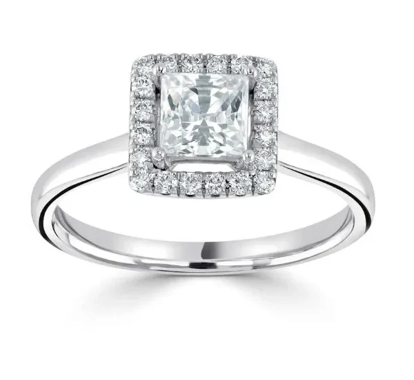 Classic Princess Cut Halo Ring with Sleek Plain Shoulders