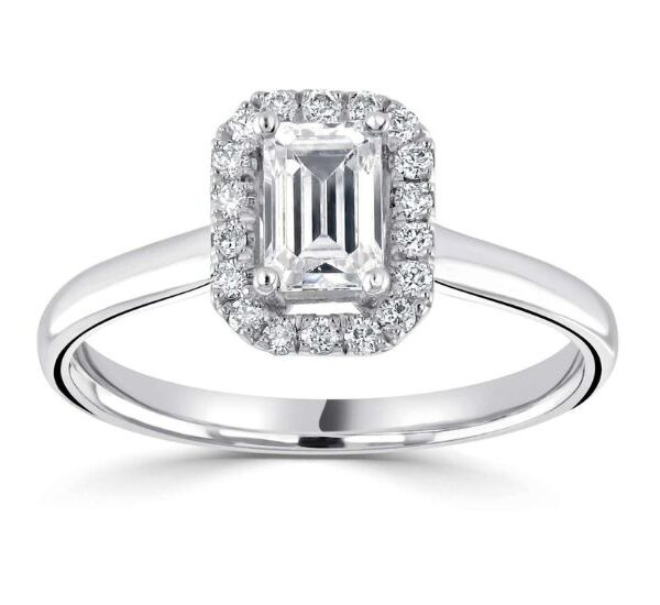 Emerald-Cut Halo Ring with Sleek Plain Shoulders